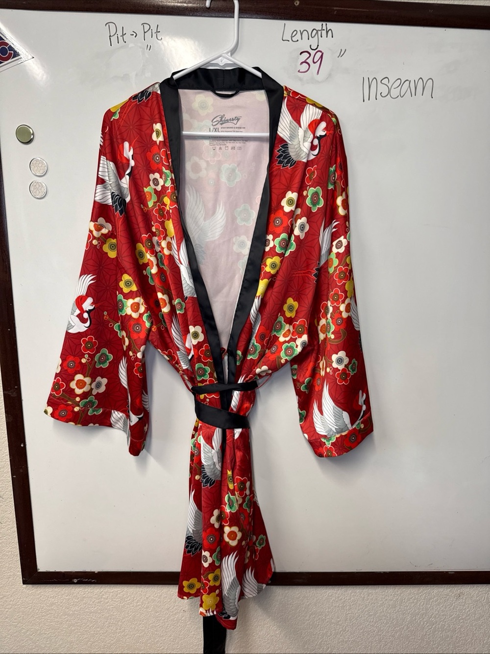 Shangy Red Satin Floral & Crane Short Kimono Robe with Black Trim “all doved up”